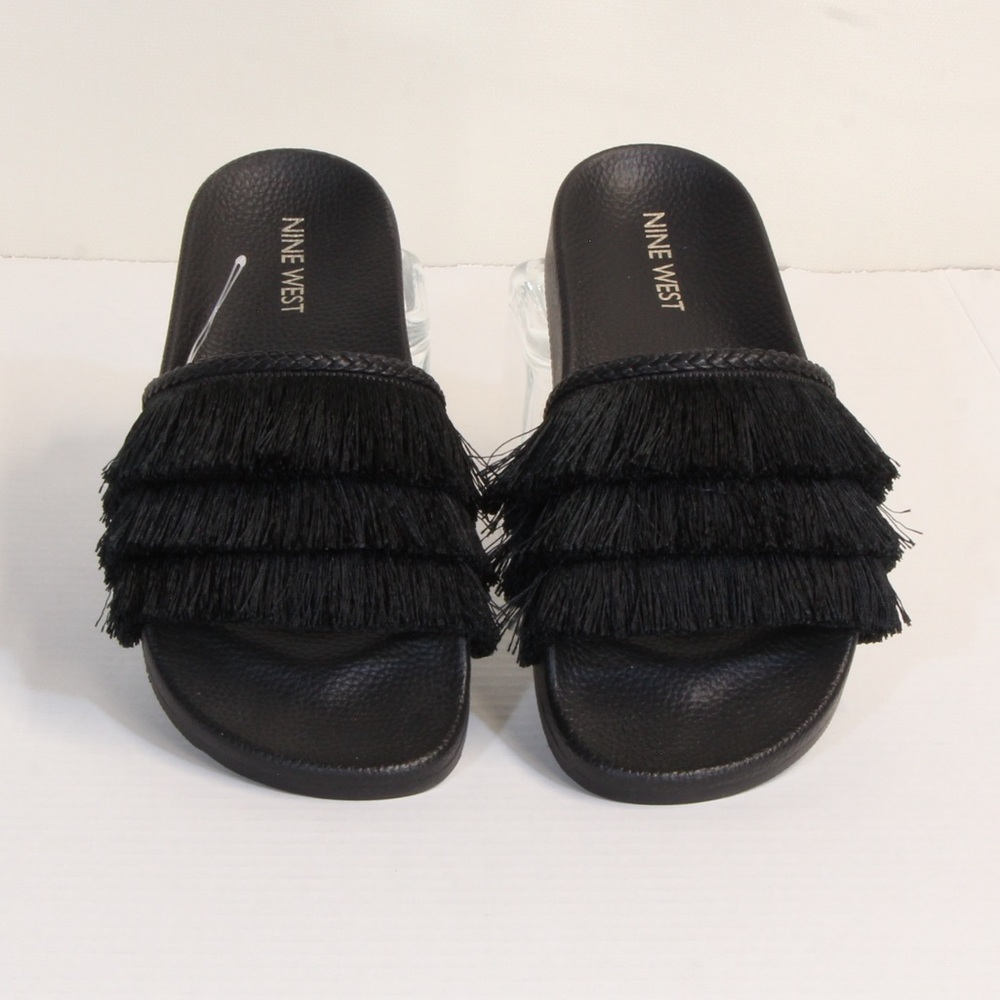 Nine West Black Fringe Slides Size 6 NWOT